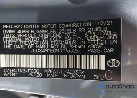 2022 Toyota Corolla Se z USA, uszkodzony, nr VIN JTDS4MCE0NJ093325